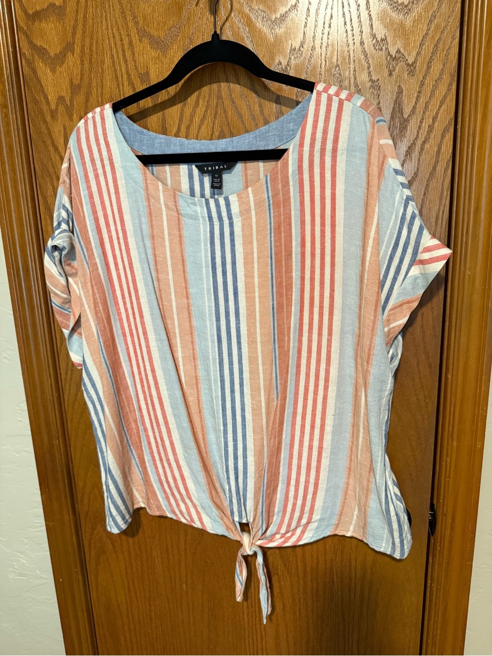 Tribal Striped Tie-Front Short Sleeve Top in Coral, Blue & Cream